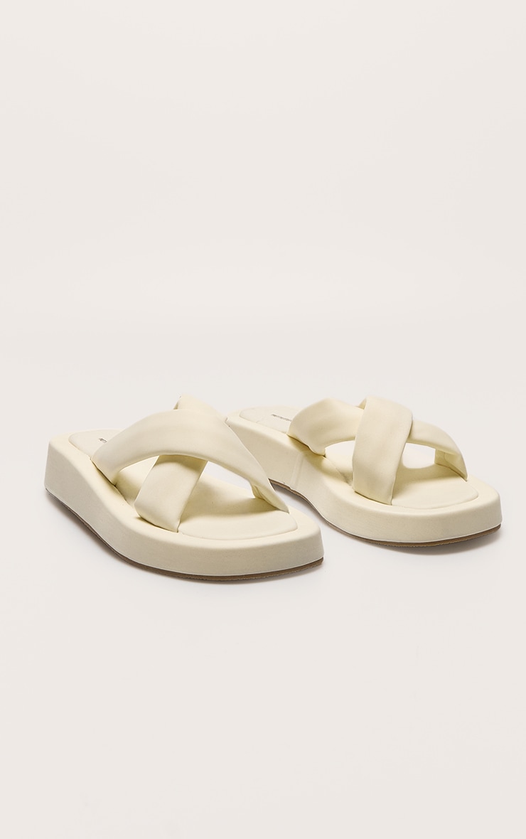 Cream Stretch Lycra Square Toe Criss Cross Strap Flatform Sandals image 2
