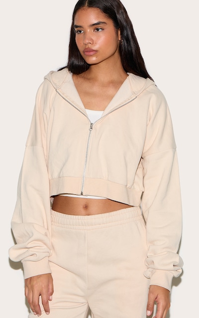 Tall Hoodie court gris pierre à épaules carrées et zip