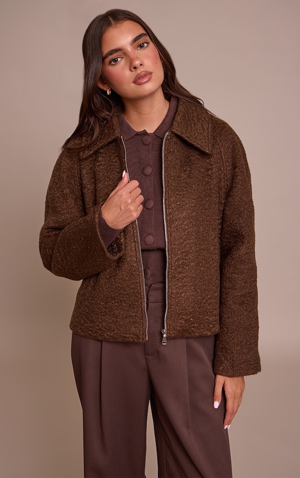 Chocolate Boucle Zip Up Jacket