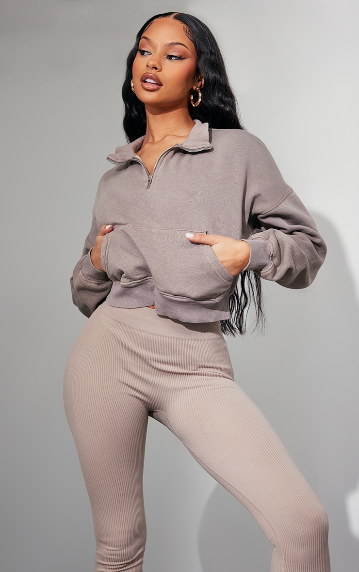 Mocha Acid Wash Oversized Pocket Crop Zip Sweater image 1