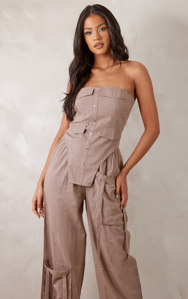 Tall Taupe Linen Look Button Up Front Corset Top image 1