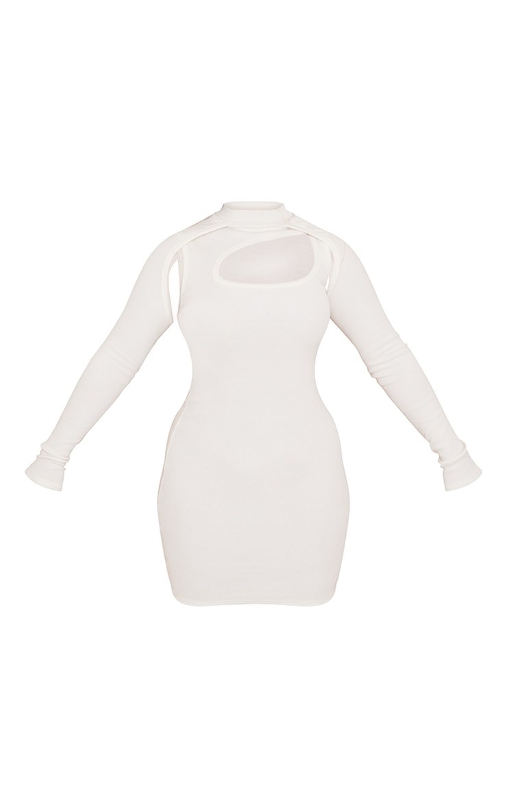 Shape Cream Rib Cut Out Ruched Long Sleeve Bodycon Dress image 5