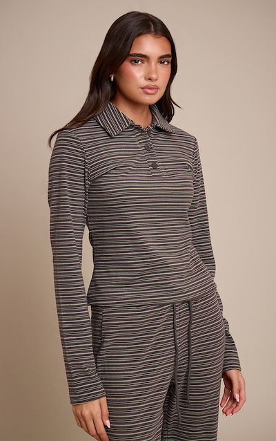Chocolate Soft Fleece Pinstripe Collar Detail Long Sleeve Top