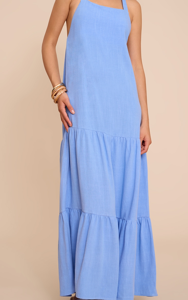 Sky Blue Textured Halterneck Drop Waist Maxi Dress image 4