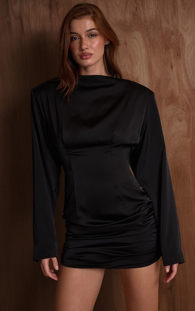 PLT Label Mini robe moulante satinée noire froncée à épaules exagérées