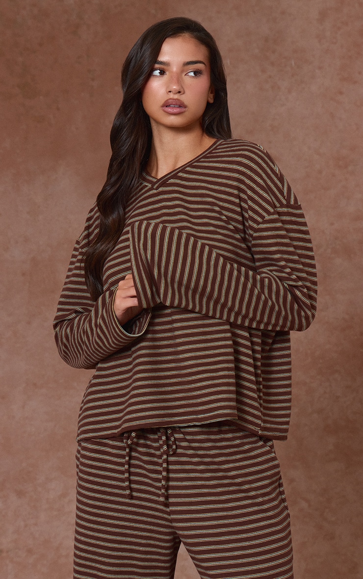 Chocolate Striped Soft Fleece V Neck Sweatshirt image 1