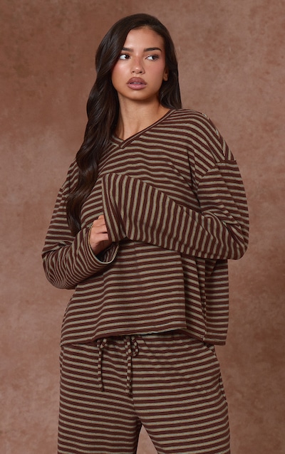 Chocolate Striped Soft Fleece V Neck Sweatshirt