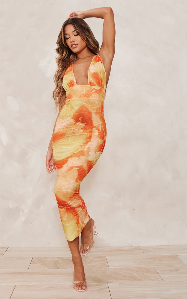 Robe Longue Décolletée Texturée Orange Croisée Dans Le Dos | Robes | PLT FR