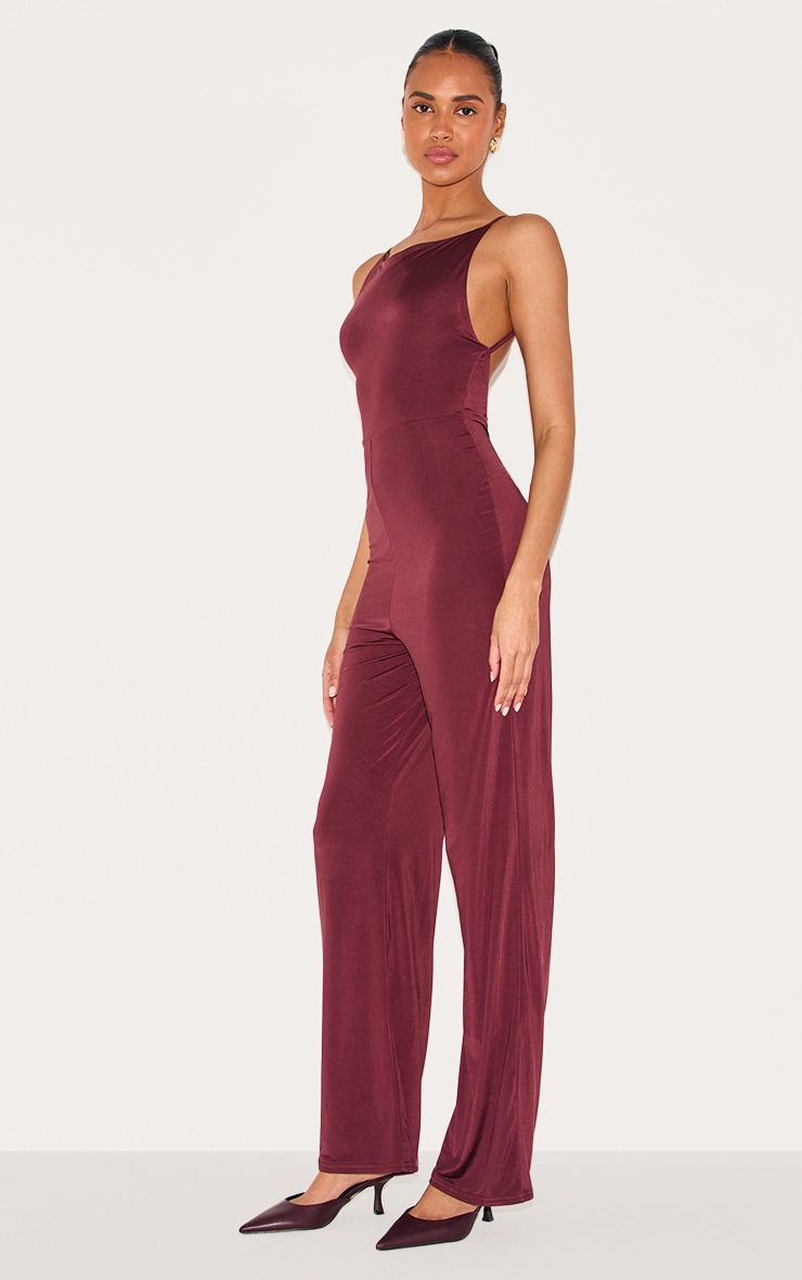 Wine Double Layer Slinky Low Back Strappy Wide Leg Jumpsuit image 3