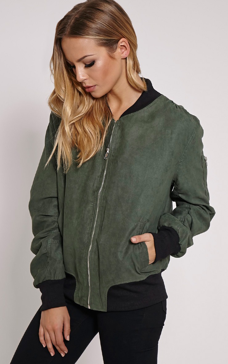 Poppie Khaki Suede Bomber Jacket Knitwear PrettyLittleThing