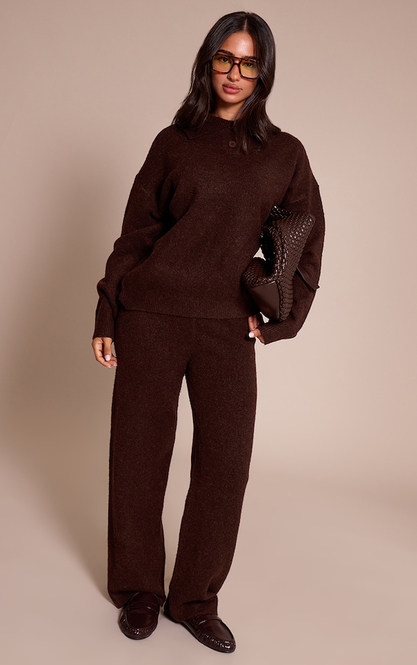 Petite Brown Ribbed Waist Knitted Wide Leg Pants