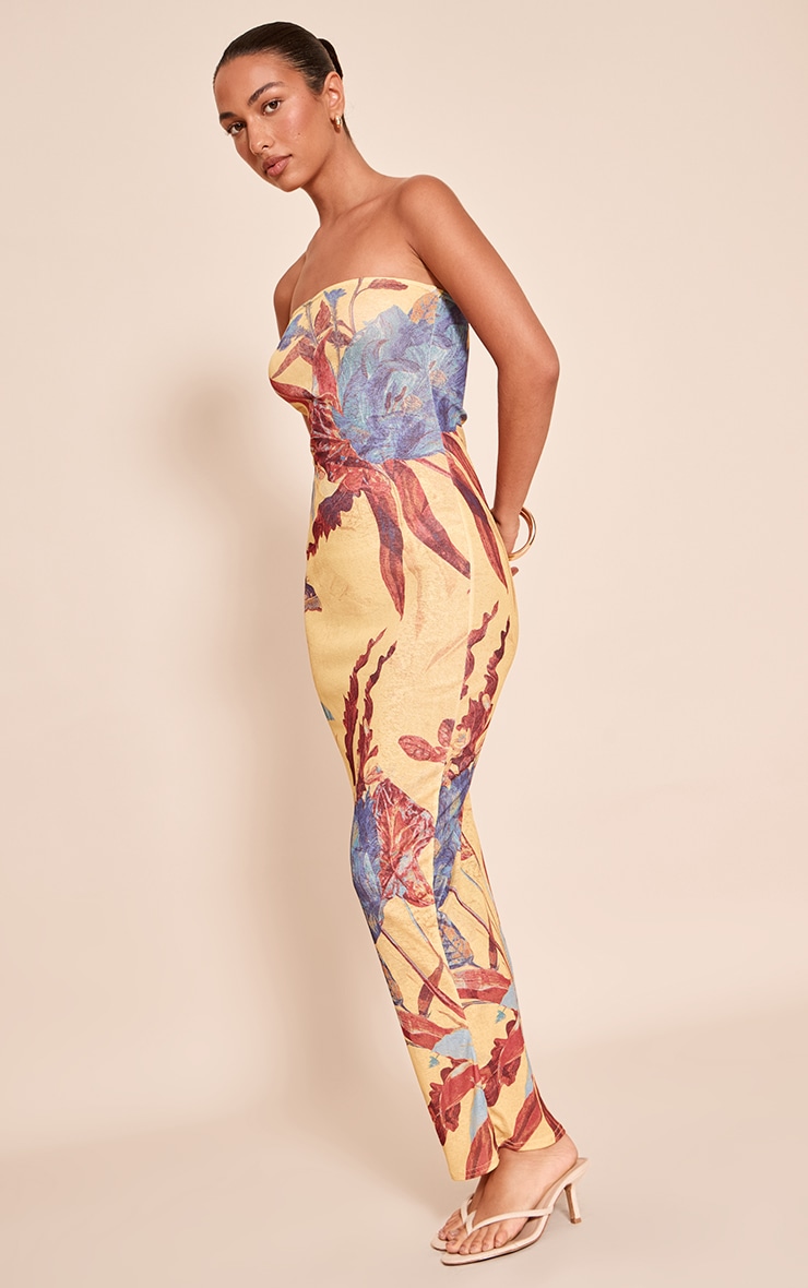 Robe bustier longue texturée jaune imprimé fleuri abstrait image 3