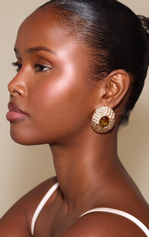 Worn Gold Weave Brown Resin Large Stud Earrings