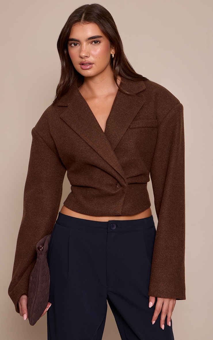Chocolate Cropped Wool Look Cinch Blazer