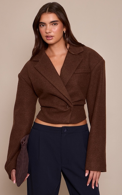 Chocolate Cropped Wool Look Cinch Blazer