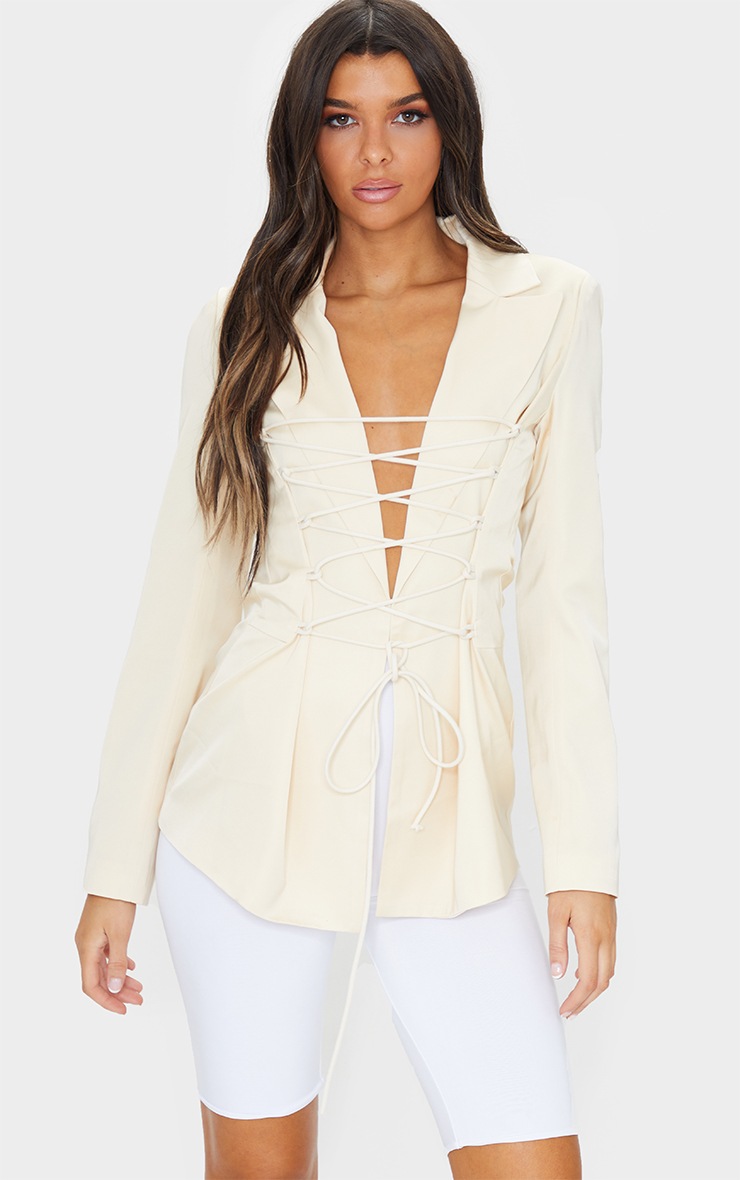 Cream Lace Front Fitted Waist Longline Blazer