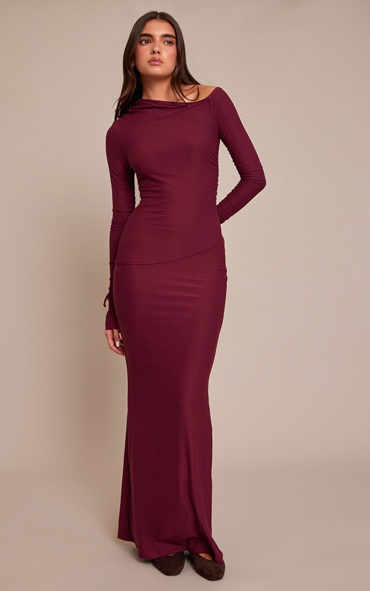 Burgundy Soft Touch Asymmetric Ruched Long Sleeve Top image 3