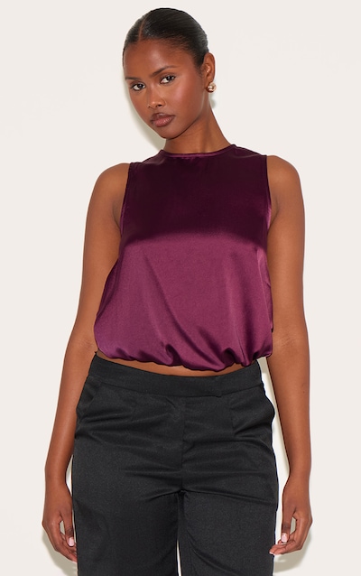 Wine Satin Bubble Hem Top