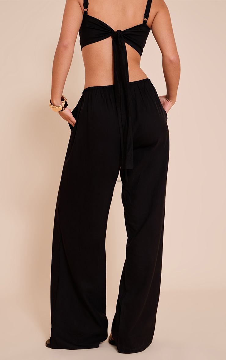 Black Textured Wide Leg Draw String Pants image 3