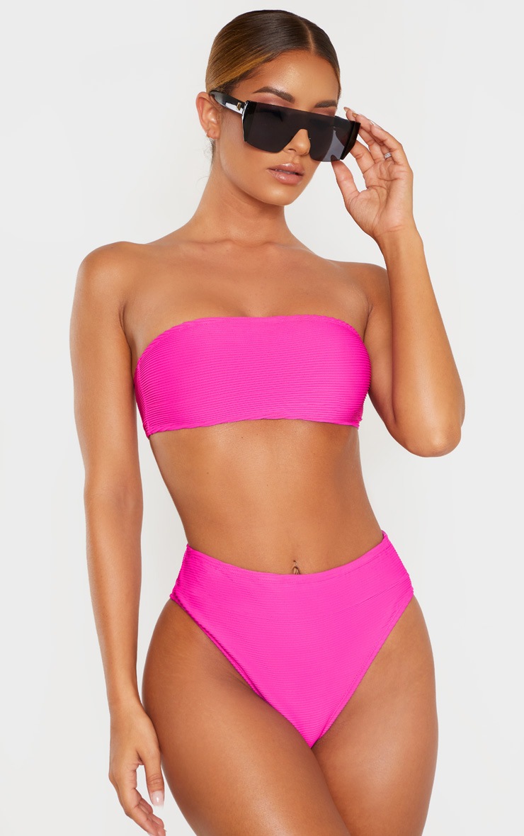 Magenta Ribbed Bandeau Bikini Top