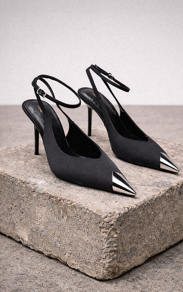 Black Satin Silver Cap Court Heels