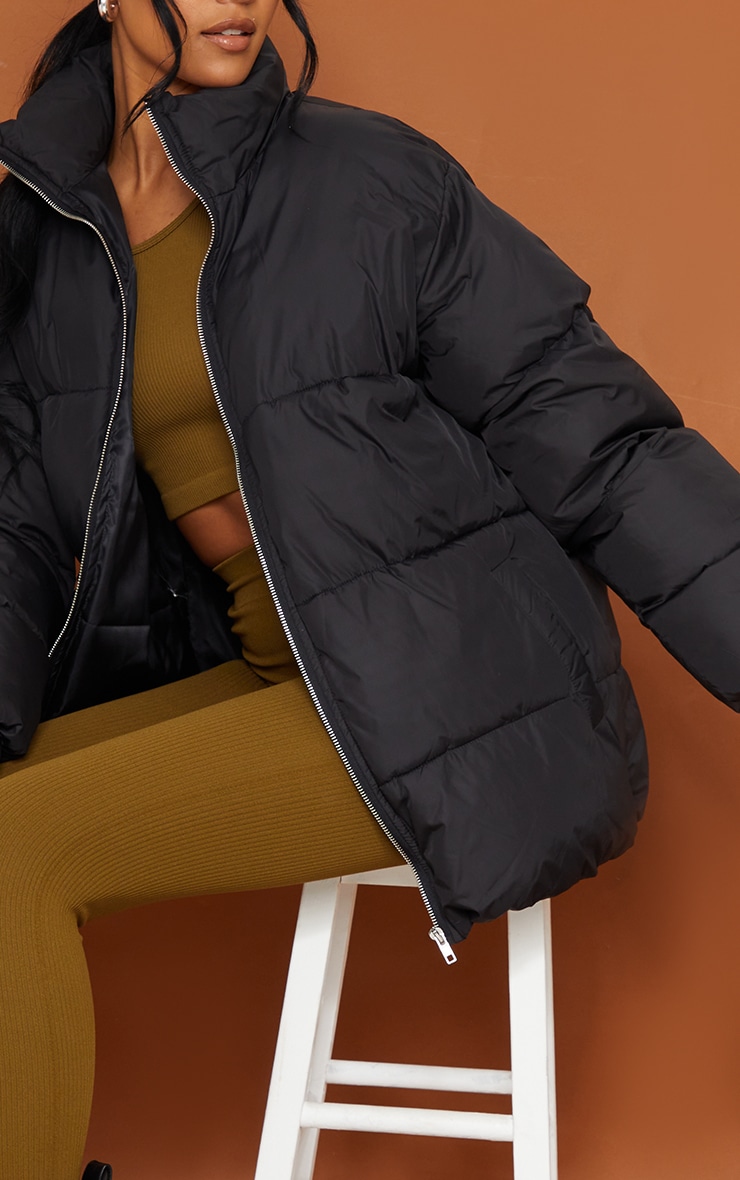 Tall Black Soft Touch Nylon Padded Panel Longline Puffer image 4