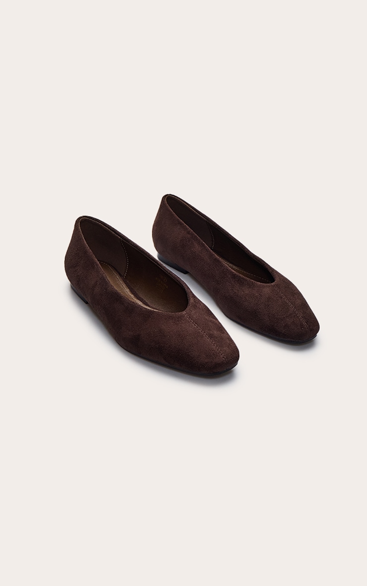 Chocolate Faux Suede Square Toe Seam Detail Ballet Flats image 3