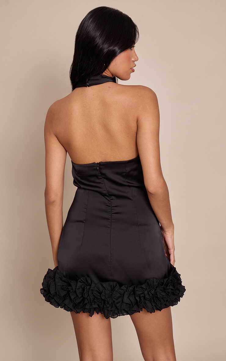 Black Satin High Neck Frill Detail Mini Dress image 2