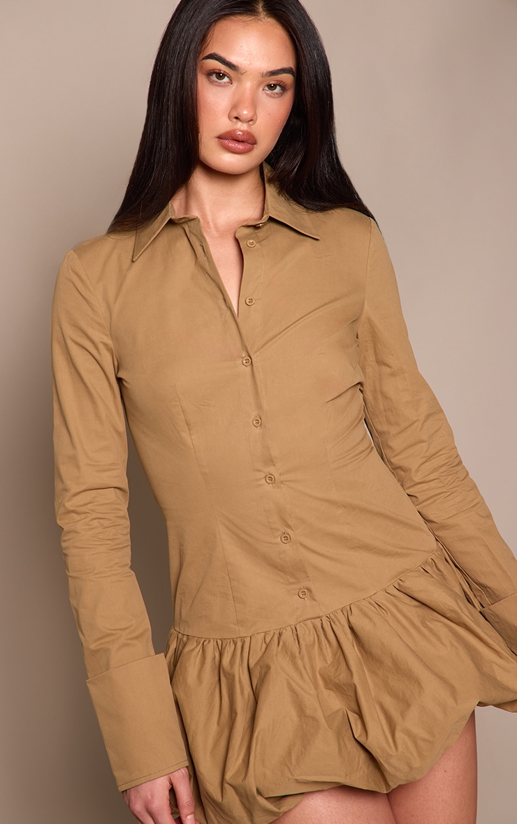 Khaki Button Down Puffball Detail Shirt Dress image 1