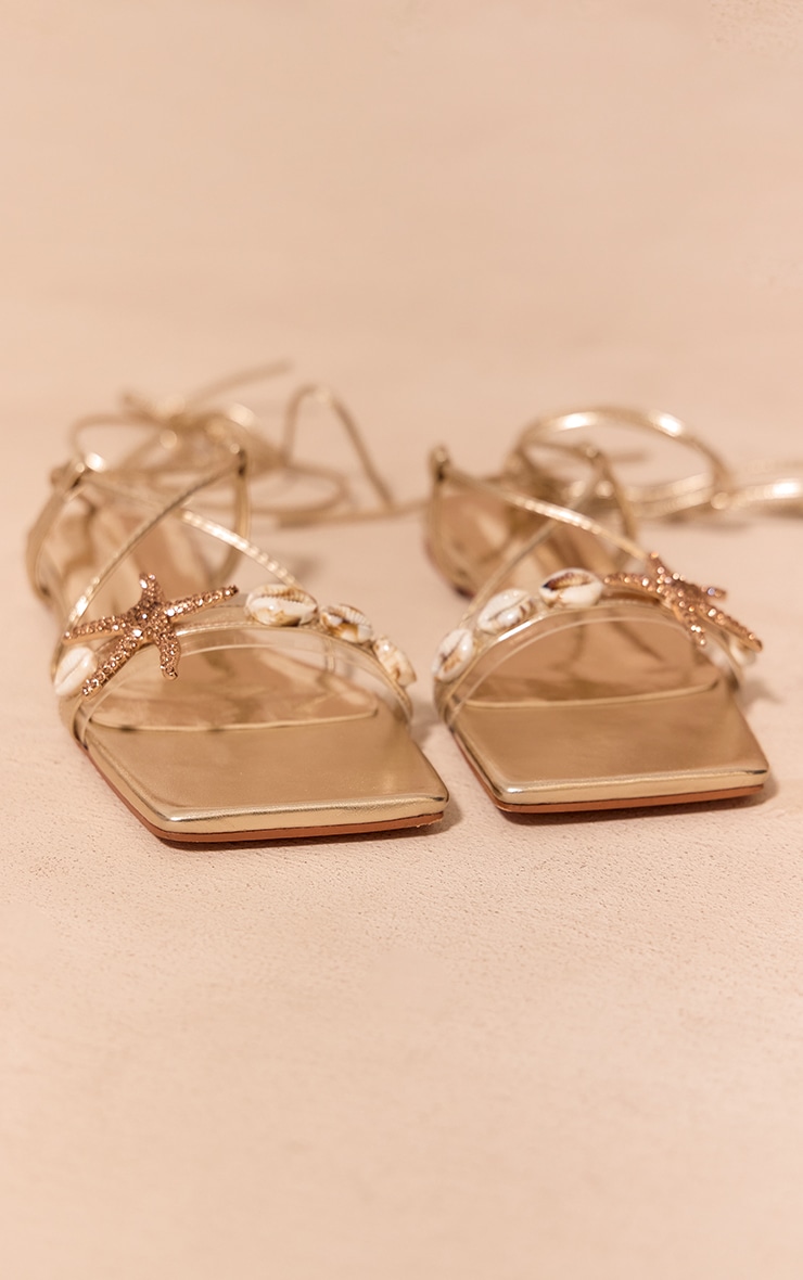 Gold Pu Square Toe Shell And Starfish Detail Flat Sandals image 4