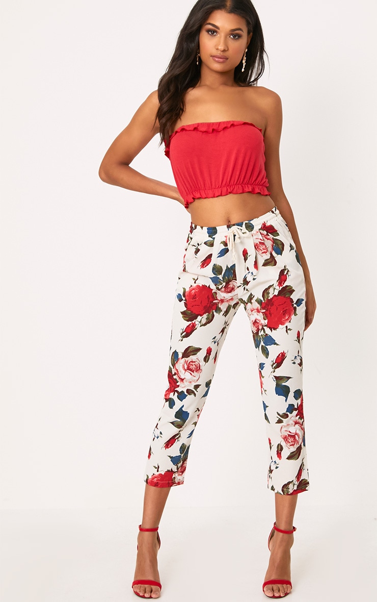 Cream Floral Trousers Trousers PrettyLittleThing