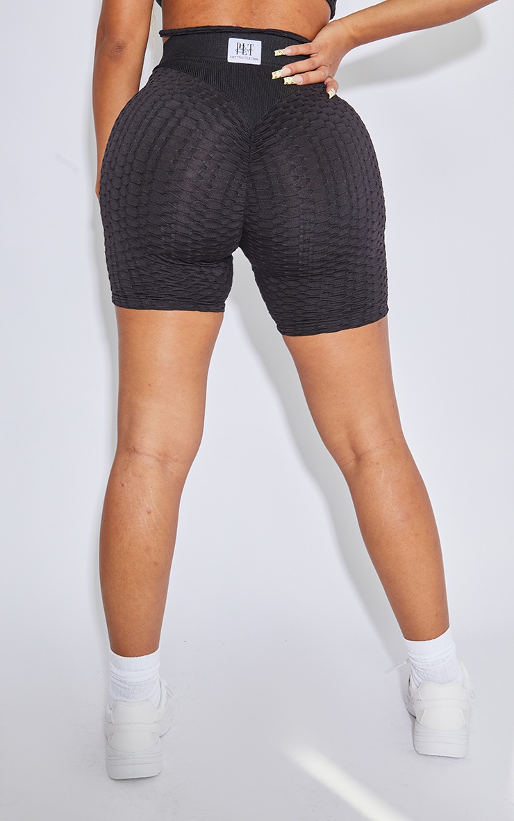 PRETTYLITTLETHING Shape Black Textured Ruched Bum Gym Shorts image 3