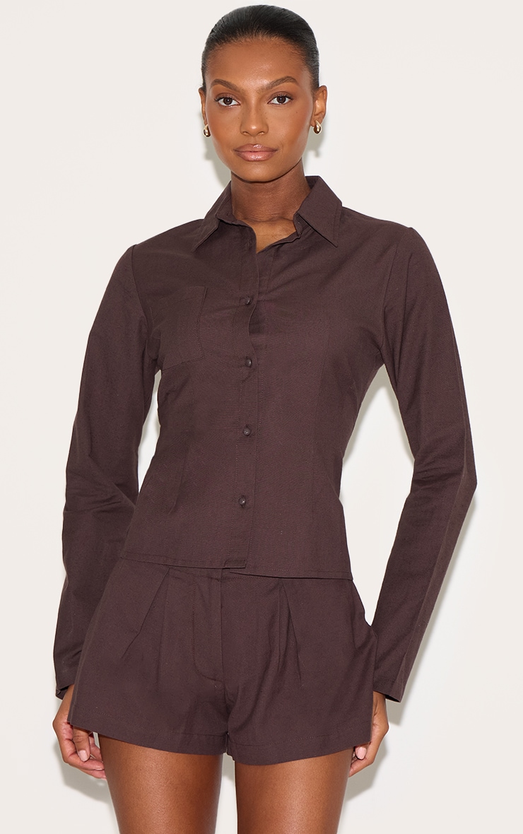 Chocolate Linen Look Pleated Mini Shorts image 5