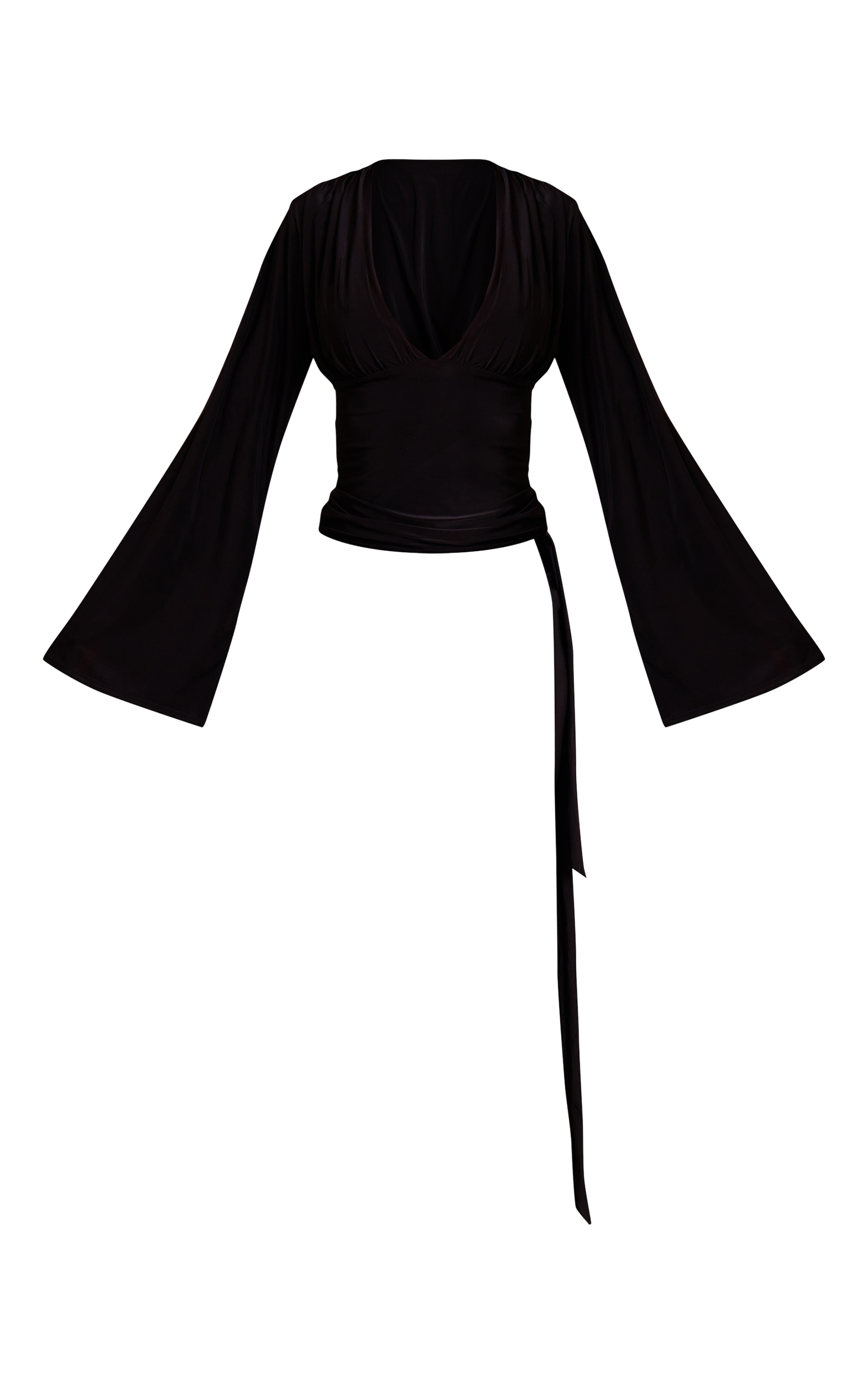 Black Double Layer Slinky Drape Plunge Long Sleeve Long Top image 5