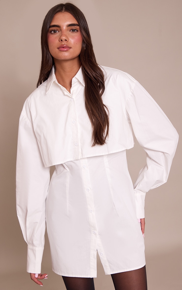 White Overlay Detail Long Sleeve Shirt Dress image 1