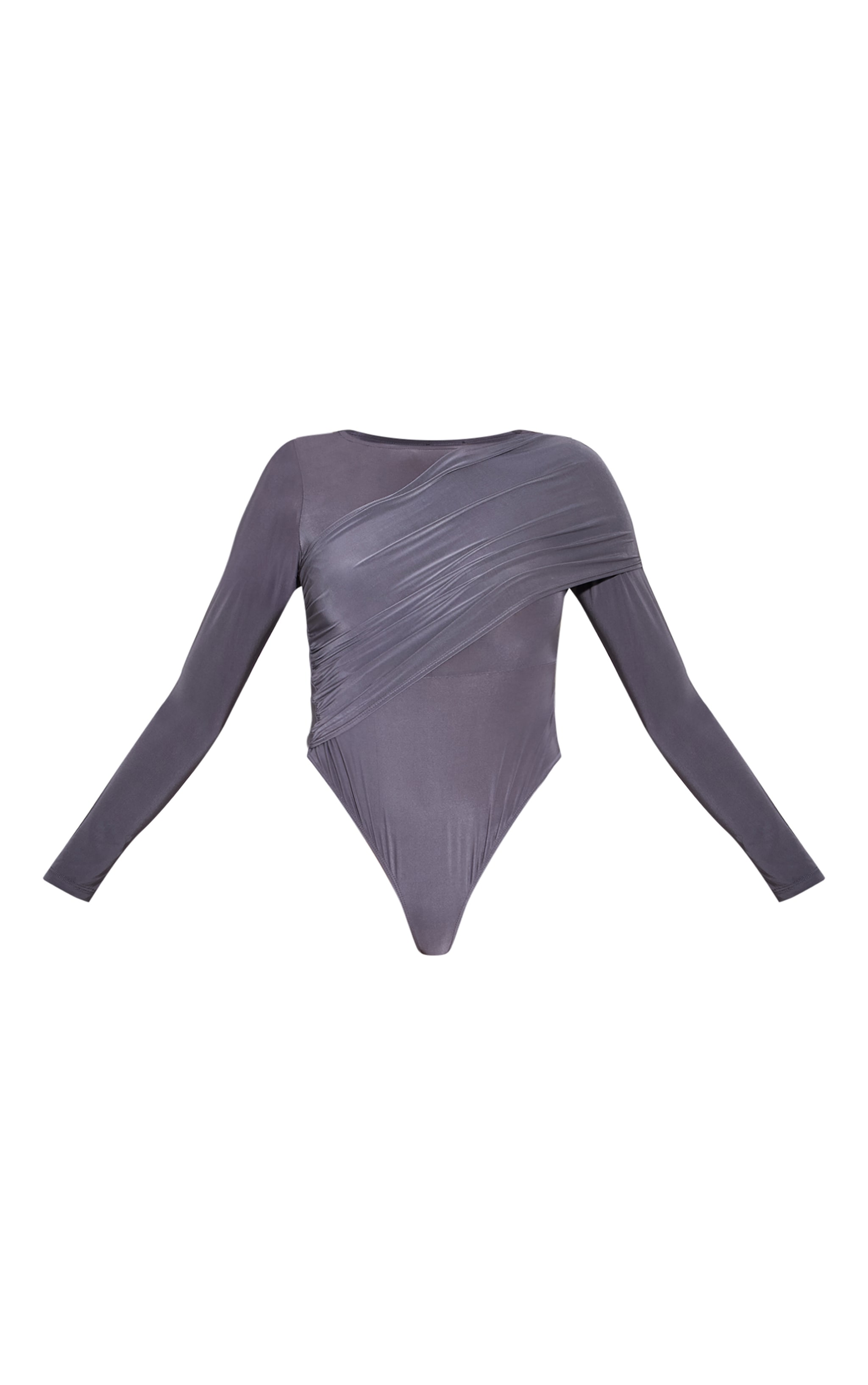 Charcoal Slinky Drape Front Detail Long Sleeve Bodysuit image 5