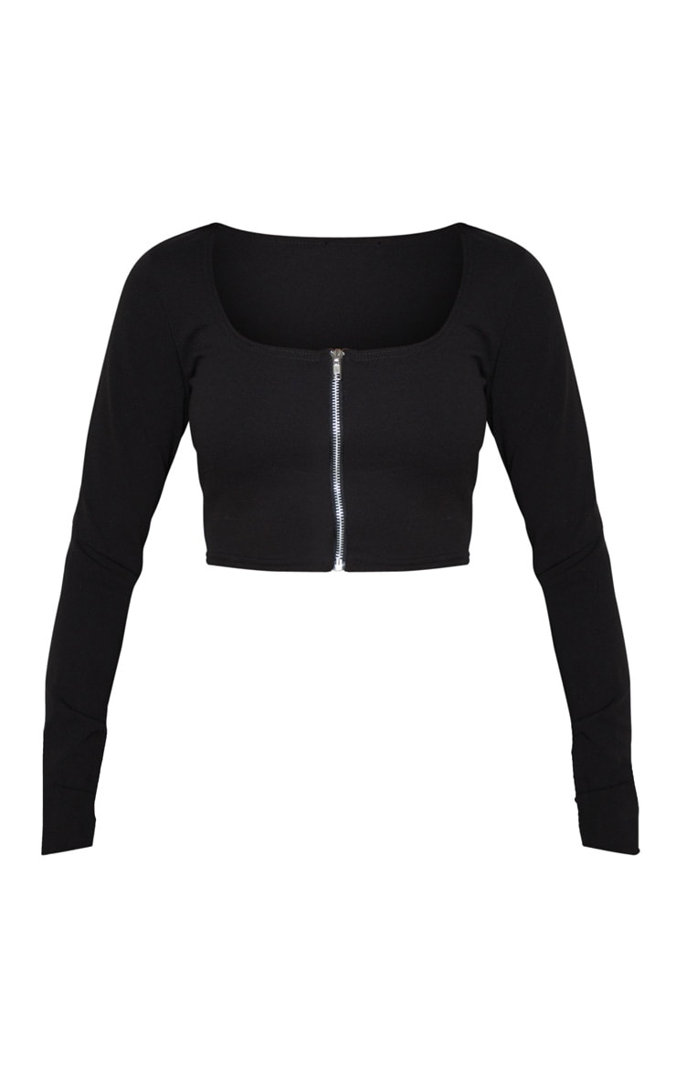 Black Crepe Zip Front Crop Top Tops PrettyLittleThing USA