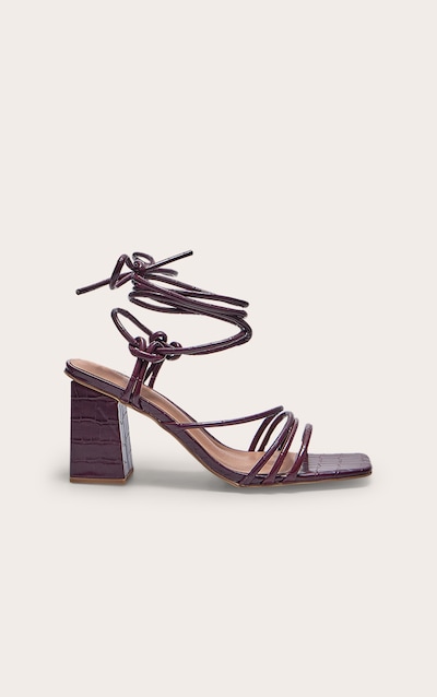 Sandales carrées en PU bordeaux effet croco à petit talon carré et brides