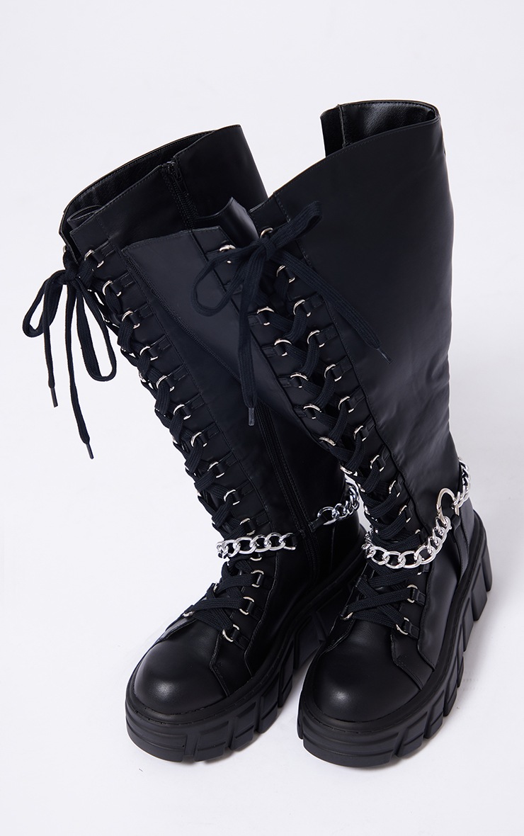 Black Faux Leather Lace Up Biker Chain Detail Chunk Platform Knee Boots image 1