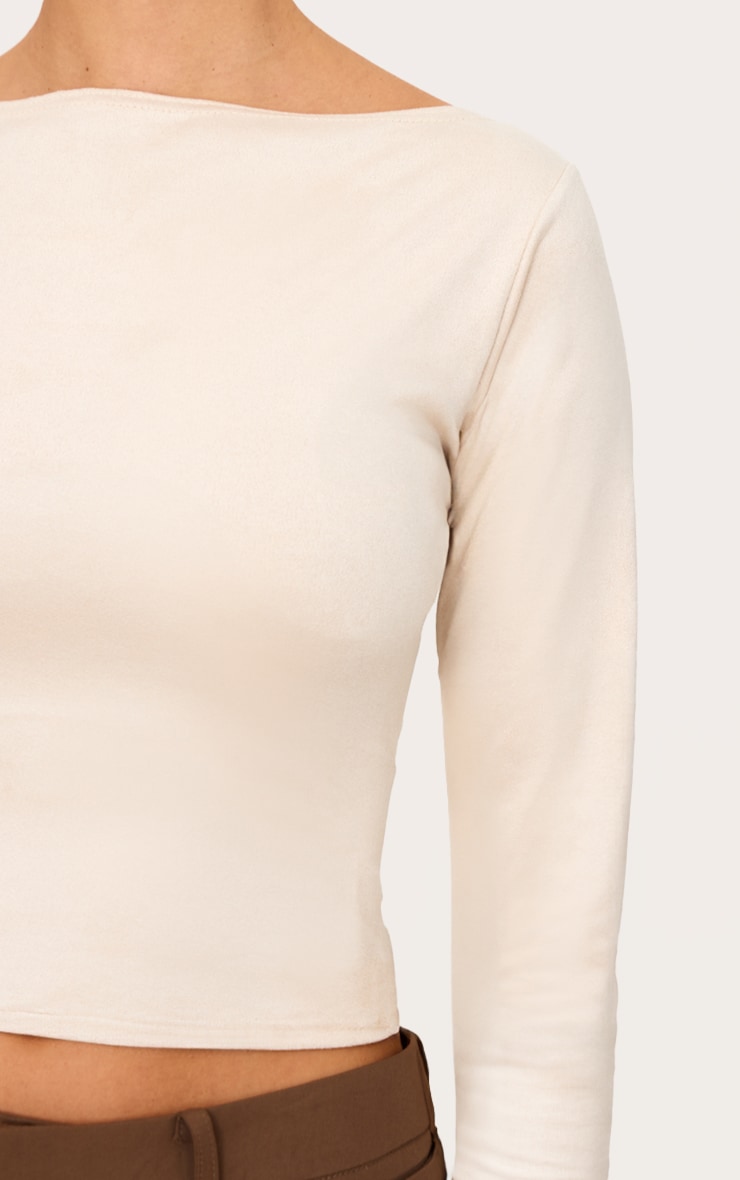 Cream Faux Suede Boatneck Long Sleeve Top image 4