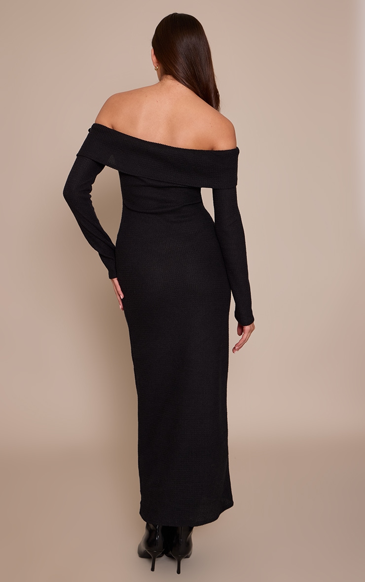 Black Textured Bardot Belt Detail Maxi Dress image 2
