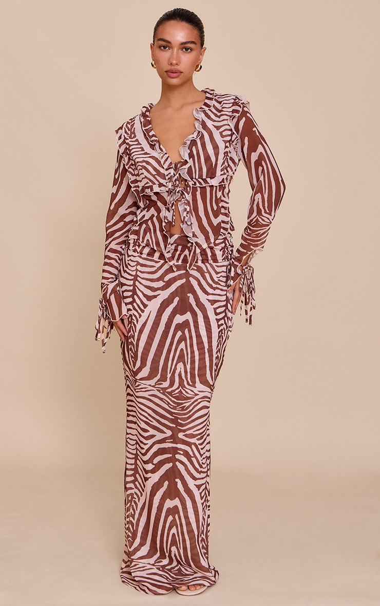 Brown Zebra Print Chiffon Ruffle Tie Front Blouse image 3