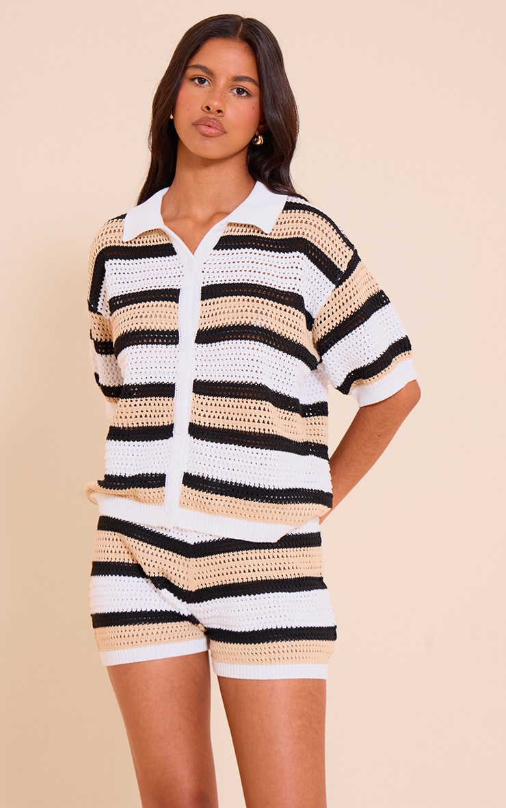 Petite Multi Neutral Knit Crochet Button Through Top image 1