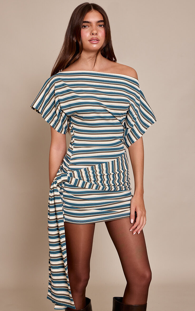 Khaki Contrast Striped Tie Waist Bodycon Dress image 3