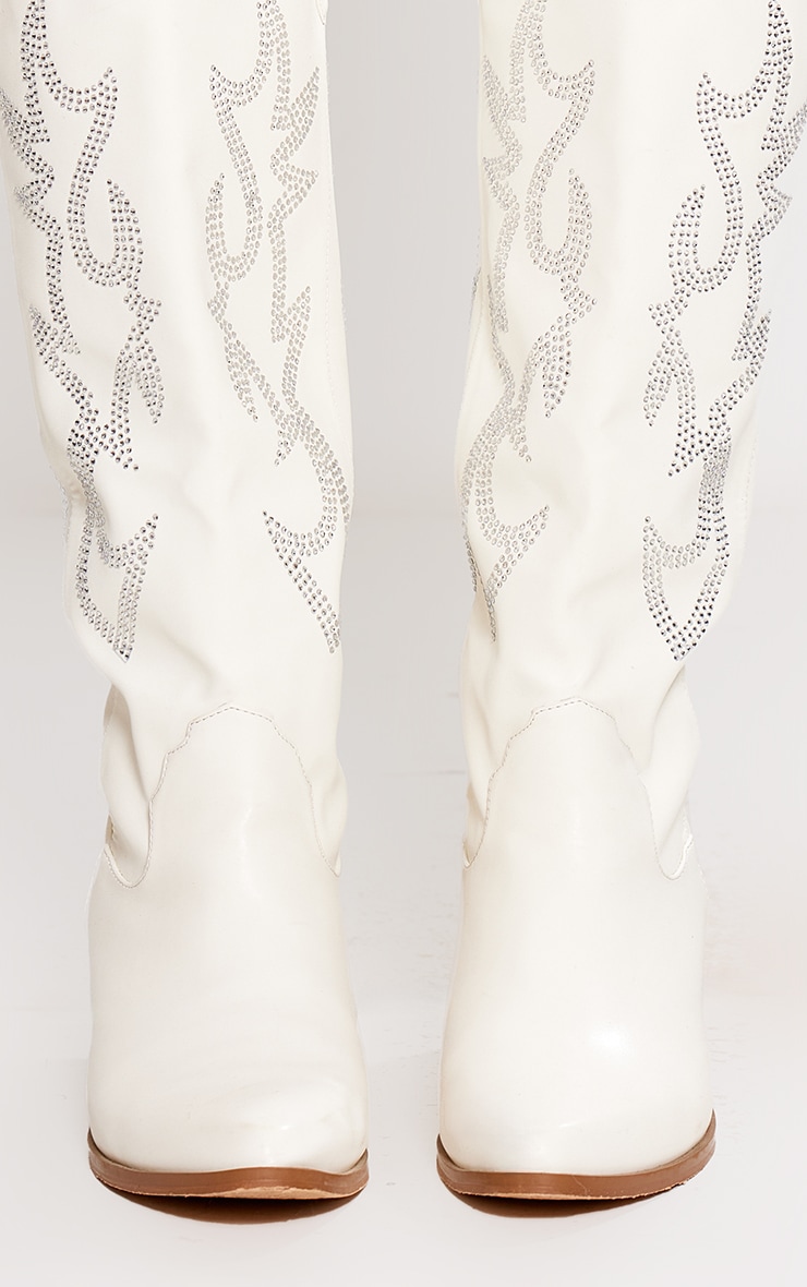 White Pu Point Toe Diamante Detail Knee High Heeled Western Boots image 2