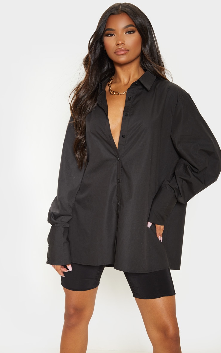 Black Oversized Cuff Shirt Tops PrettyLittleThing