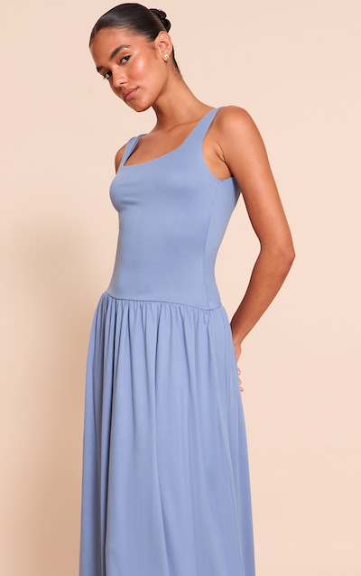 Blue Double Contour Scoop Neck Drop Waist Maxi Dress