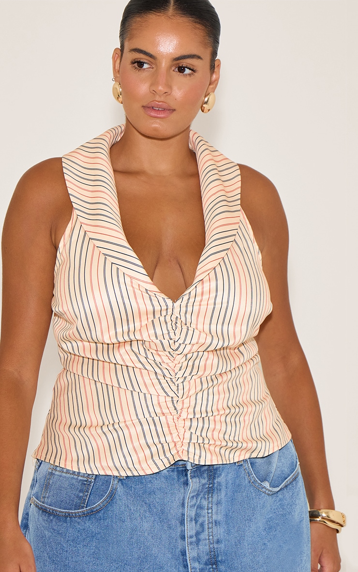 Plus Beige Stripe Ruched Plunge Sleeveless Top image 1