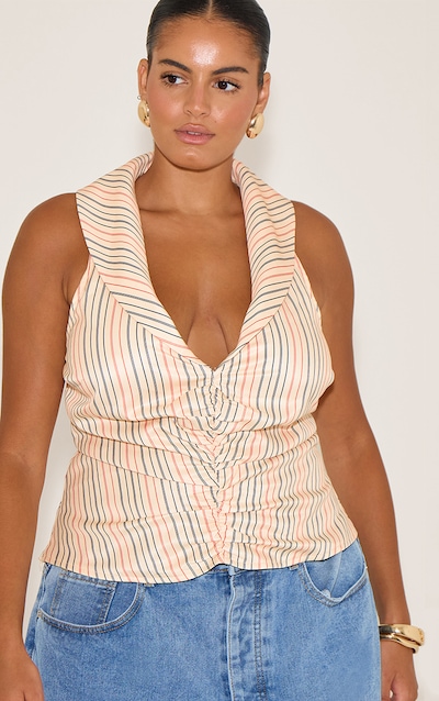 Plus Top beige rayé froncé à rayures et décolleté