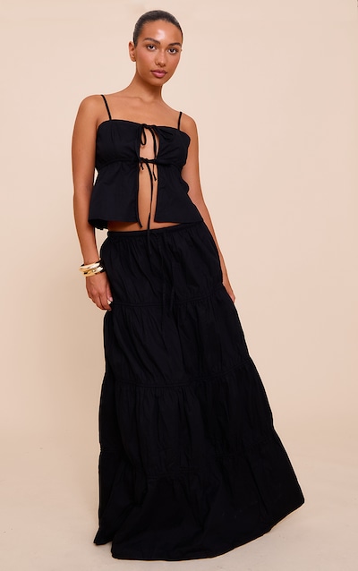 Jupe longue fluide en popeline de coton noire à cordons ajustables et étages